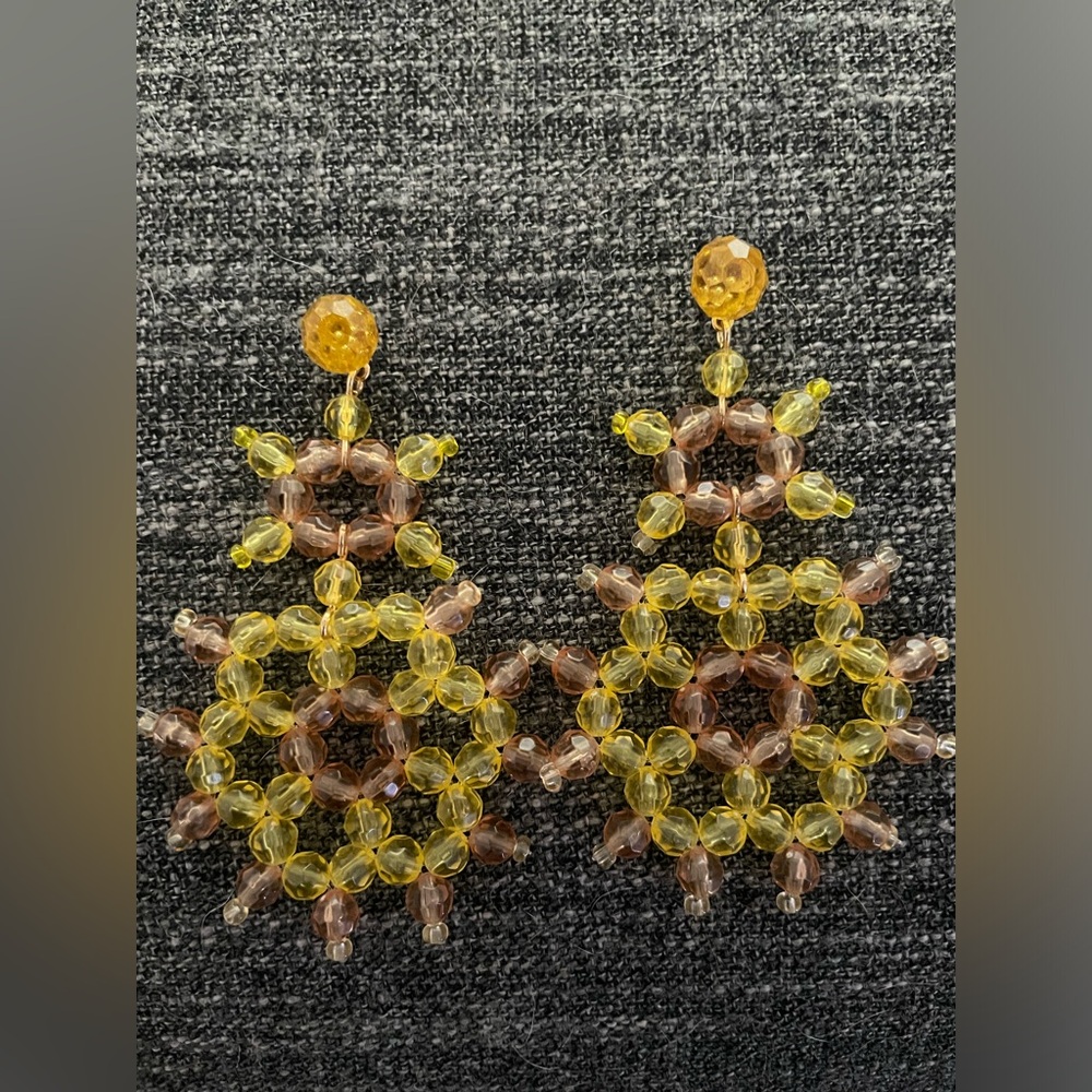 J. Crew Statement Beaded Post Earrings | 3 1/4” Long | Yellow and Gold Beachy